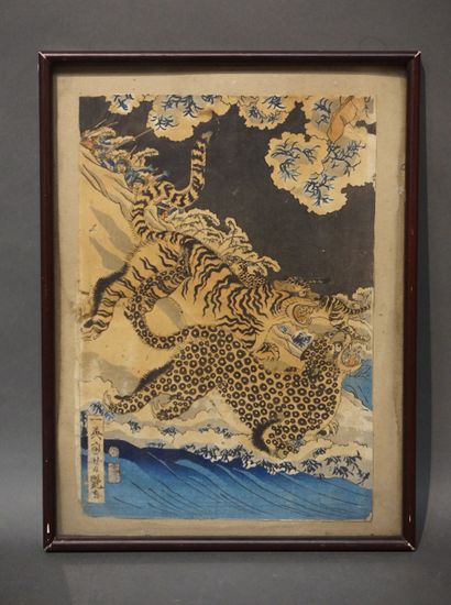 null Estampe asiatique: "Tigres et guerriers" (usures, 35,5x25 cm).