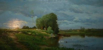 null Auguste ALLONGÉ (1833-1898) 

Canards en bord de rivière, 1858

Huile sur acajou...