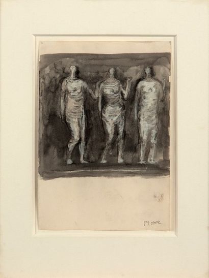 Henry Moore (1898-1986) 
Trois personnages
Lavis d'encre, crayon et rehauts de gouache...