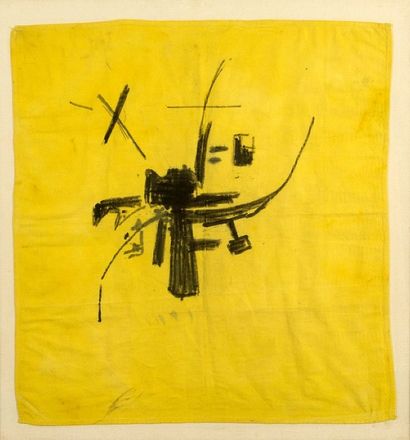 Georges MATHIEU (1921-2012) 
Composition noire sur tissu jaune
Pastel gras
Non signé
56...