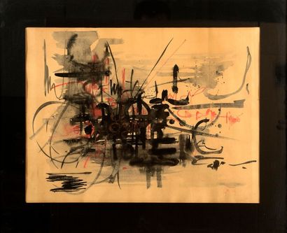 Georges MATHIEU (1921-2012) 
Composition rouge et noire sur fond crème, 1952
Encre...
