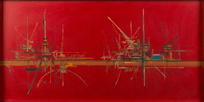 Georges MATHIEU (1921-2012) 
Composition bleue, noire et or sur fond rouge, 1959
Huile...