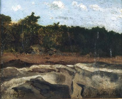 null Henri HARPIGNIES (1819-1916) :
« Forêt vers Fontainebleau »,
hst sbg, envoi,
19...