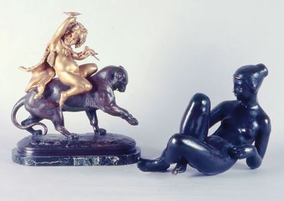 null « Jeune Bacchus sur un félin », bronze patiné
et doré, socle en marbre vert,...