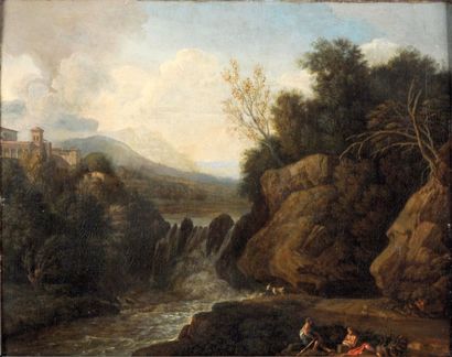 null Isaac MOUCHERON (Amsterdam 1667-1744) :
« Pêcheurs près du torrent »,
toile...