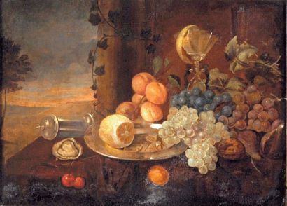 null École hollandaise du XVIIe,
suiveur de Joris VAN SON :
« Fruits et verre sur...