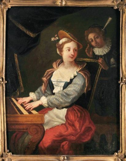 null École XVIIIe : « Femme jouant du clavecin »,
hst, 80 x 62 cm