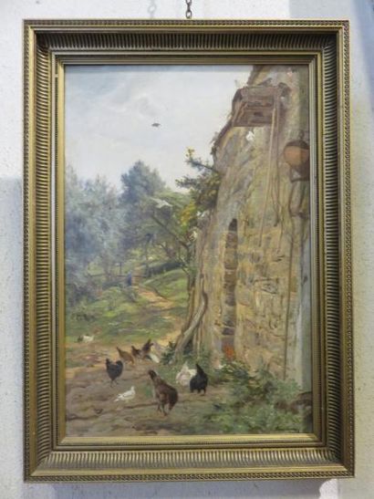Henri BONNEFOY (1839-1917) «La basse - cour» circa 1900.
Huile sur toile.
Signée...