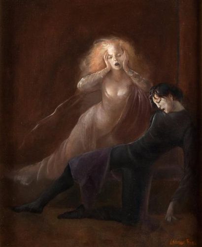 Léonor FINI «Juliette découvre Roméo mort, circa 1979».
Huile sur toile.
41 x 33...