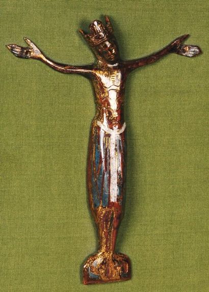 null Christ couronné, cuivre champlevé,
émaillé en couleur et doré, Limoges,
XIIIe,...