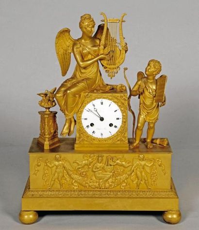 null Pendule en bronze doré,
cadran signé Léchopié à Paris, ép. début XIXe,
50 x...