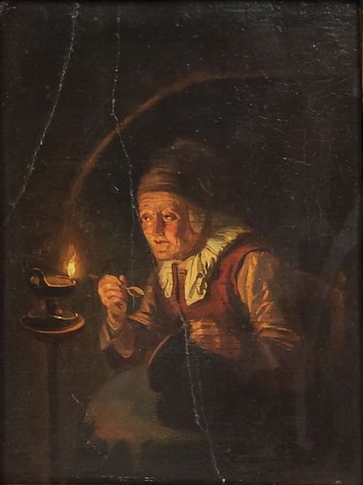 null D'après Gerrit DOW (1613-1675, Gérard DOU).

Scène d'intérieur, dite "La vieille...