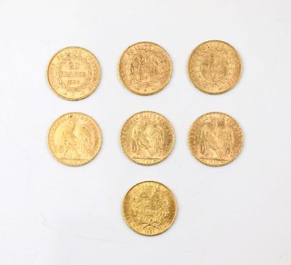 null Ensemble de sept pièces de 20 francs or, Cérès, Génie, Coq et Marianne.

45,19...