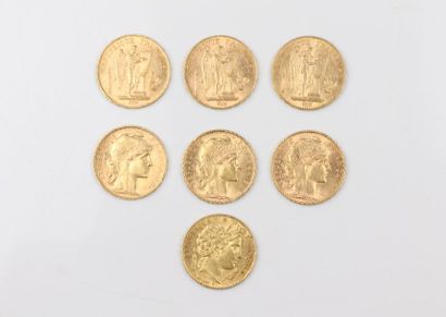 null Ensemble de sept pièces de 20 francs or, Cérès, Génie, Coq et Marianne.

45,19...