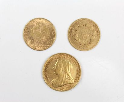 null Ensemble de trois pièces en or comprenant un souverain 1895 et deux 10 francs...