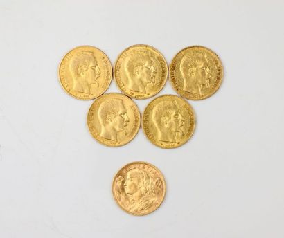 null Ensemble de 6 pièces de 20 francs or dont 5 Napoléon III tête nue 1854, 1858,...