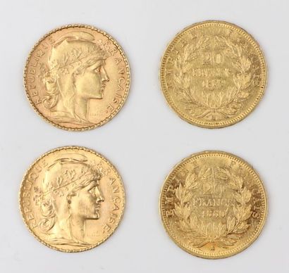 null Ensemble de 4 pièces de 20 francs or, Marianne et coq 1906 et 1907, Napoléon...