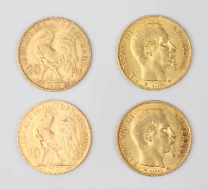 null Ensemble de 4 pièces de 20 francs or, Marianne et coq 1906 et 1907, Napoléon...