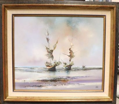 null Bernard LOUEDIN (born 1938).

Ebb tide boats.

Oil on canvas, signed lower right.

H_46.5...
