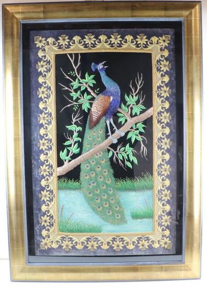null Indo-Persian work.

Peacock perched on a branch.

Large zardosi embroidery panel,...