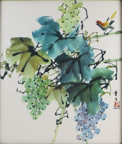 null Hui Chi MAU (né en 1922), d'après.

Pampres et oiseau.

Reproduction sur papier.

H_52,5...