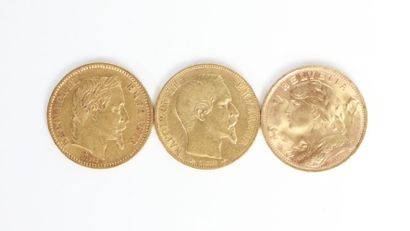 null Trois pièces de 20 francs or, Napoléon III et Suisse.

19,46 grammes
