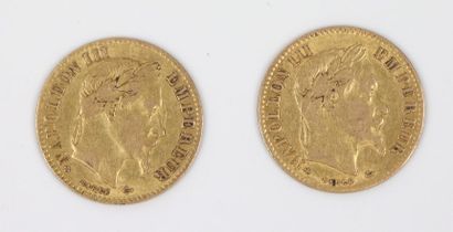 null Deux pièces de 10 francs Napoléon III tête laurée en or.

1867 & 1868.

6,39...