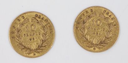null Deux pièces de 10 francs Napoléon III tête laurée en or.

1867 & 1868.

6,39...