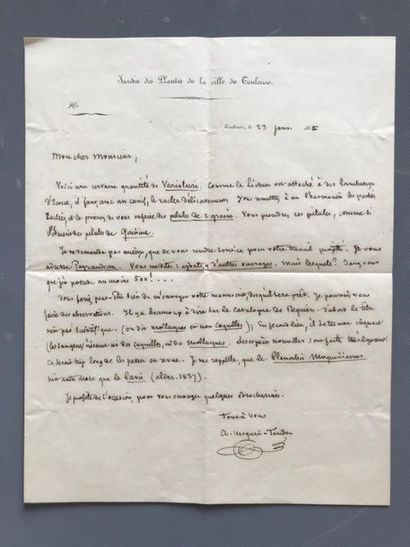 null MOQUIN-TANDON (Alfred). Lettre autographe signée [à Jean-Henri Fabre]. Toulouse,...
