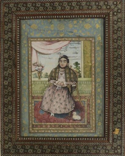 null Portrait Qadjar dans un cadre en khatam kari

Pigments polychromes et or sur...