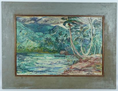 null Adriaan Herman GOUWE (1875-1965).

Paysage luxuriant en bord de mer à Tahiti.

Huile...