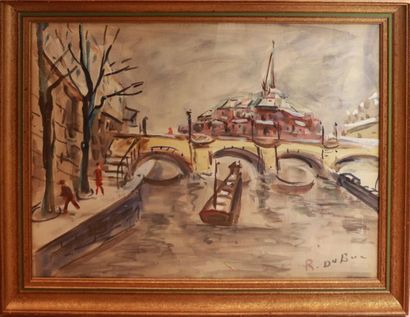 null Roland DUBUC (1924-1998).

Paris, bateau sur la Seine.

Aquarelle, signée en...