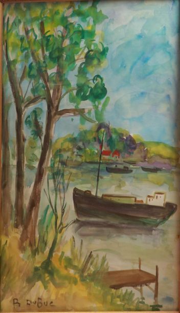 null Roland DUBUC (1924-1998).

Bateau vue des rives de la Seine.

Aquarelle, signée...