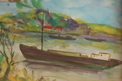 null Roland DUBUC (1924-1998).

Bateau vue des rives de la Seine.

Aquarelle, signée...