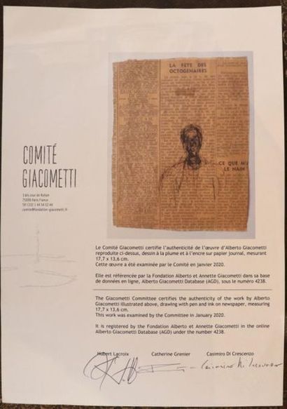 null Alberto GIACOMETTI (1901-1966).

Buste d'homme.

Encre brune sur papier journal,...