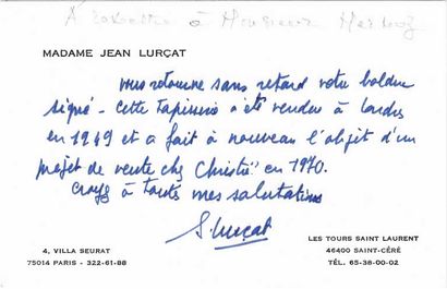 null 
Jean LURCAT (1892-1966) Cartonnier, et ATELIER TABARD lissier à AUBUSSON.
Vin...