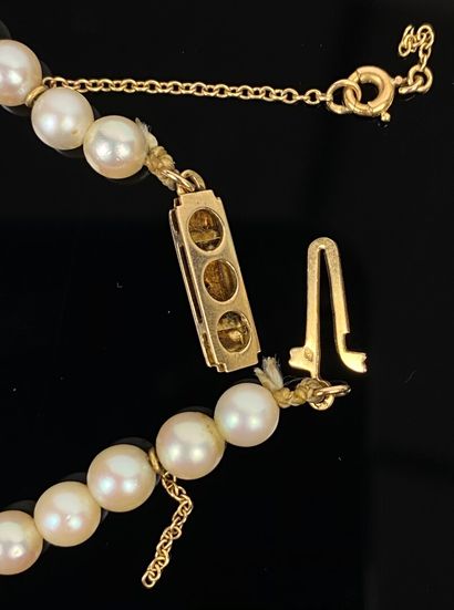 null Collier de perles de culture en chute, le fermoir en or jaune.

L_45,5 cm. D_0,8...