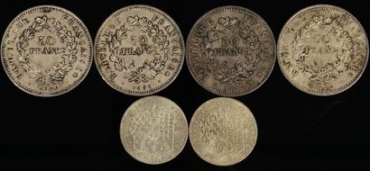 null Lot de pièces en argent comprenant 4 pièces de 50 francs et 2 pièces de 100...