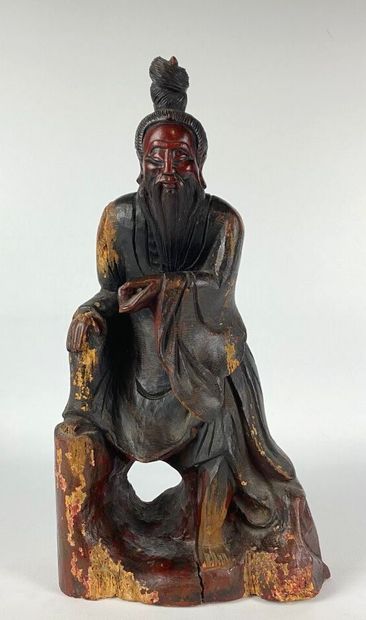 null JAPON, XIXème siècle.

Sculpture en bois laqué figurant un sage appuyé sur un...