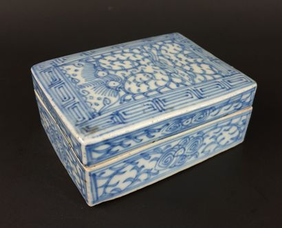 null CHINE, vers 1900.

Boîte rectangulaire en porcelaine et émaux blanc-bleu à décor...