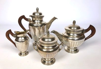 null Service à thé-café en métal argenté, modèle de style Empire à godrons et anses...