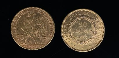 Deux pièces de vingt francs or, 1875 (A) et coq 1908. 
12,94 grammes.