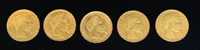  Cinq pièces de 20 francs or : 1854 (A), 1856 (A), 1857 (A), 1867 (A), 1869 (B)....