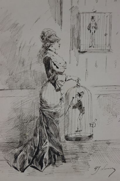 null Henry SOMM (1844-1907). 

Elegant woman with a cage. 

Ink on paper.

Signed...