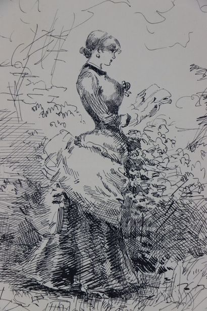 null Henry SOMM (1844-1907). 

Jeune femme à la lecture. 

Encre sur papier. 

Signée...