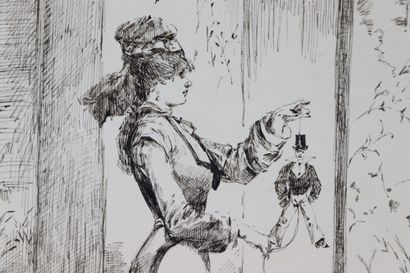 null Henry SOMM (1844-1907). 

Elegant woman with a puppet and a screen. 

Ink on...