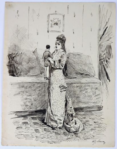 null Henry SOMM (1844-1907). 

Elegant woman with a puppet. 

Ink on paper. 

Signed...