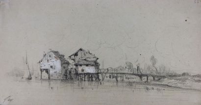  Camille FLERS (1802-1868) 
Moulin et pont. 
Crayon noir et aquarelle 
Signé en bas...