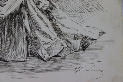 null Henry SOMM (1844-1907). 

Partie de pêche. 

Encre sur papier. 

Signée en bas...