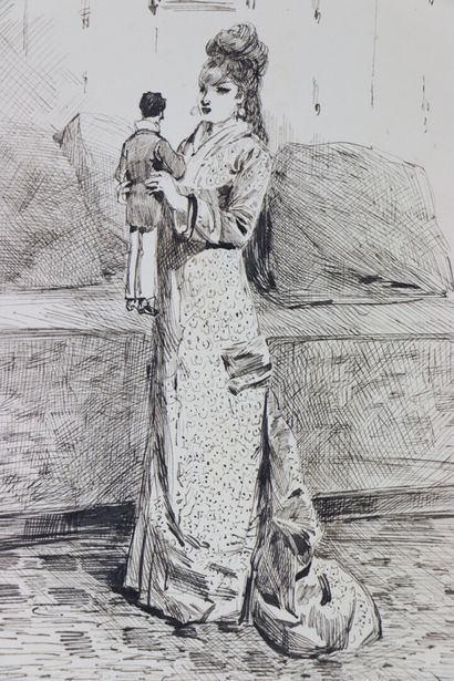 null Henry SOMM (1844-1907). 

Elegant woman with a puppet. 

Ink on paper. 

Signed...